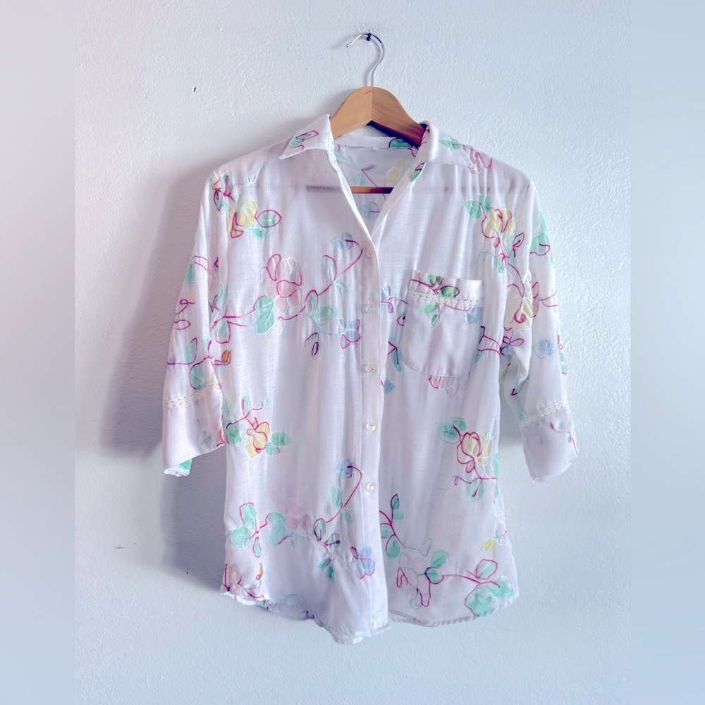 EMBROIDERED Floral Button Up Tee w/ Jeweled Buttons